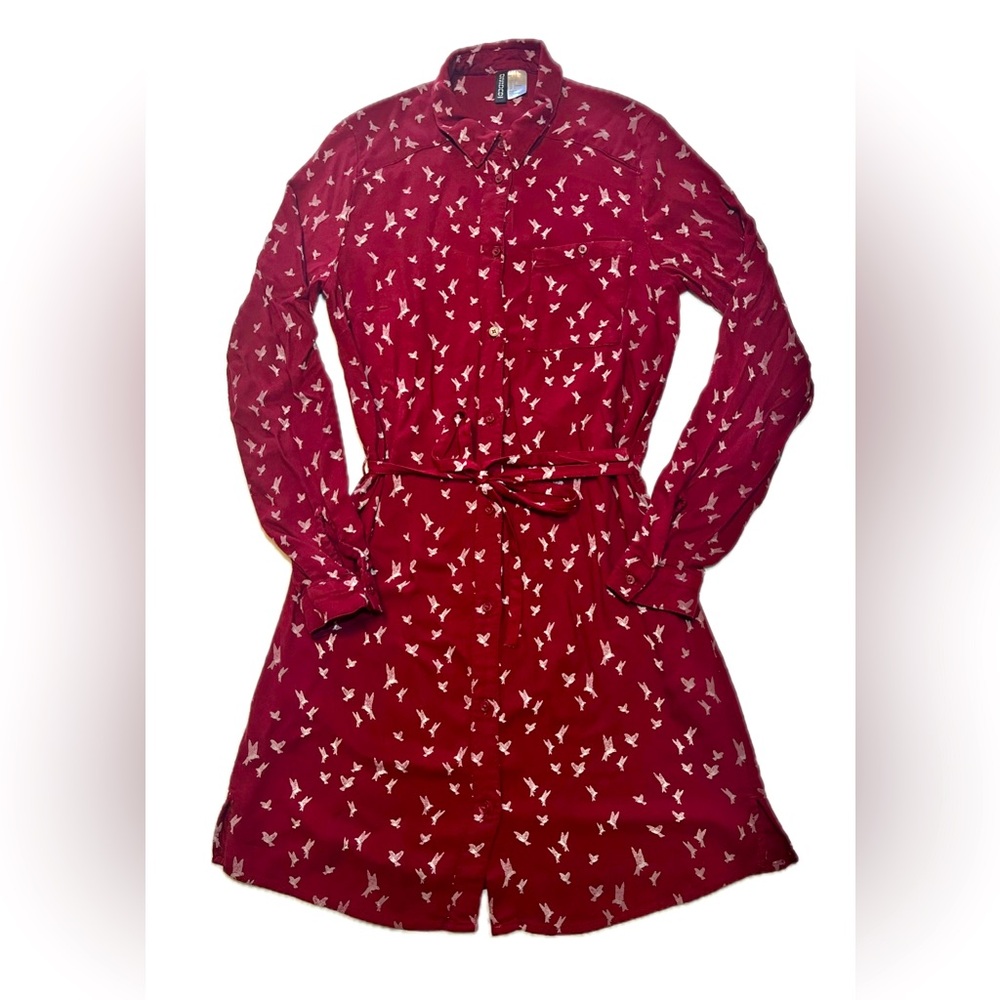 H&M Divided Button Up Bird Print Dress Maroon Long Sleeve Shirtdress W/ties SZ 6